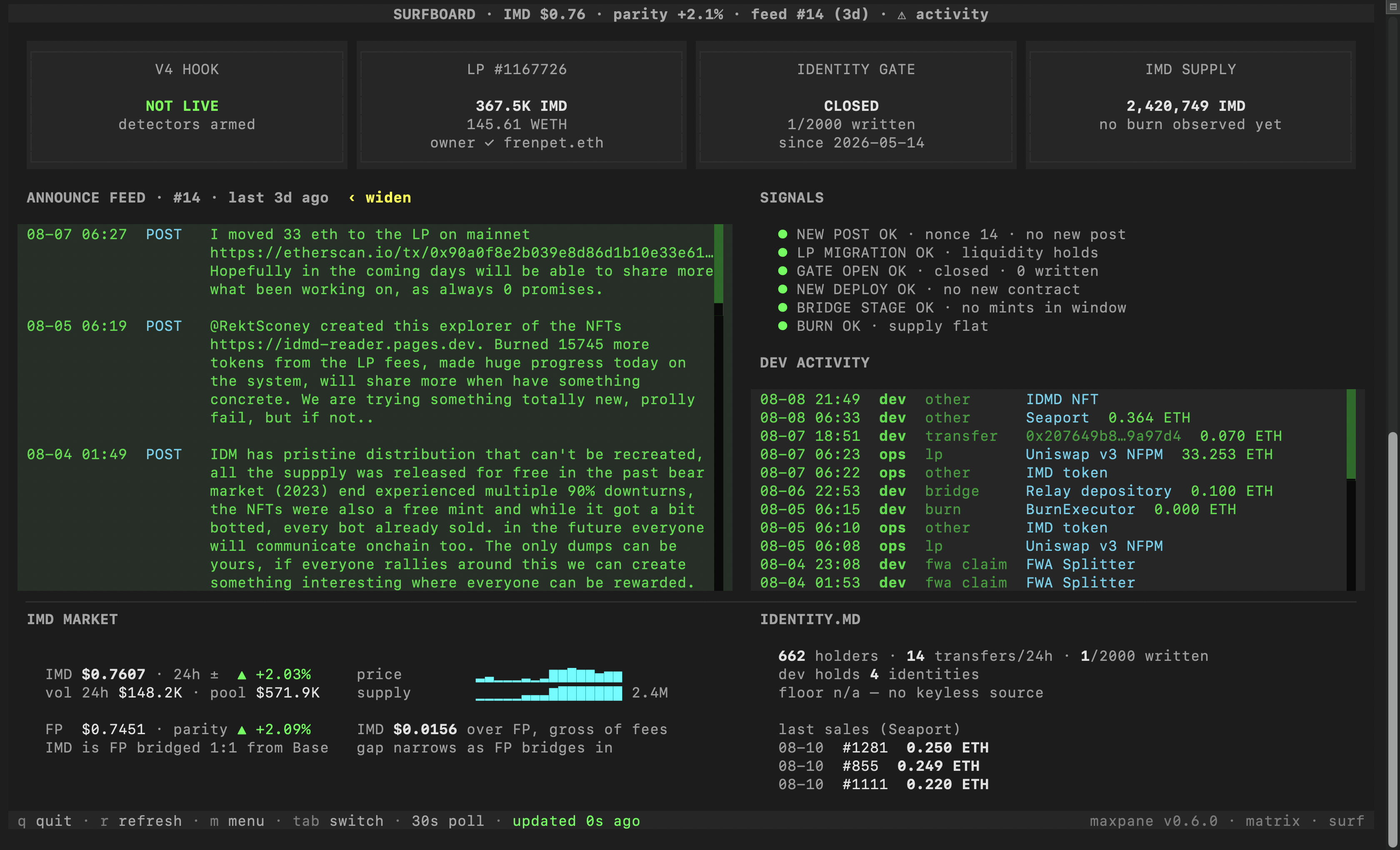 maxpane surfboard dashboard in a terminal
